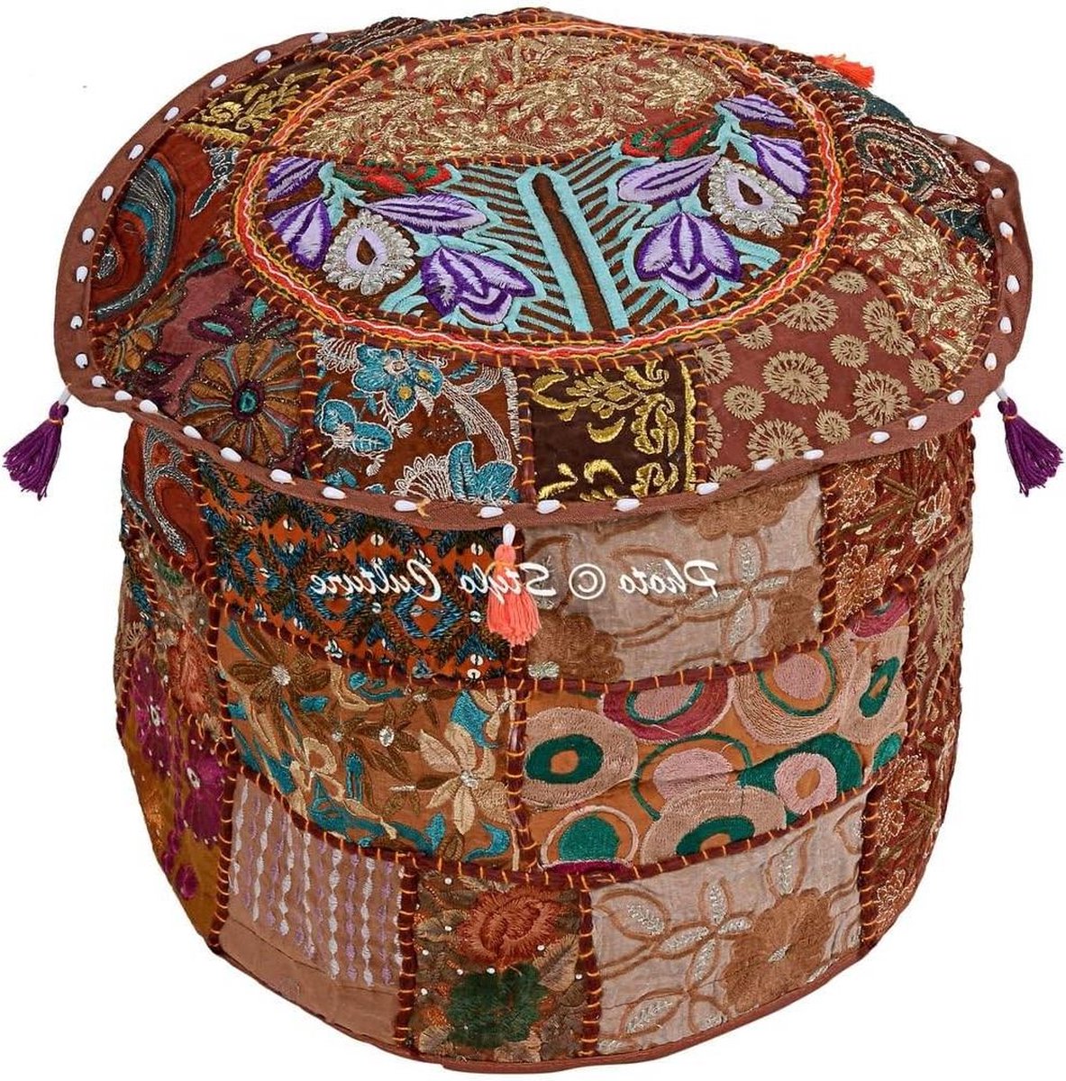 Cultuur katoen patchwork geborduurde osmanische kruk poef afdekking - bruin bloemen ottoman kruk