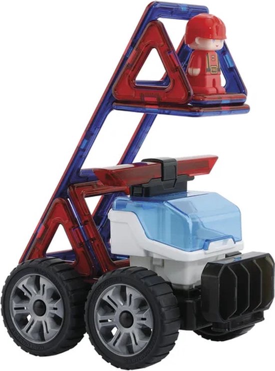 Hoge magnetische politie-wagen van Magformers met rode ladderconstructie en rode brandweerfiguur.