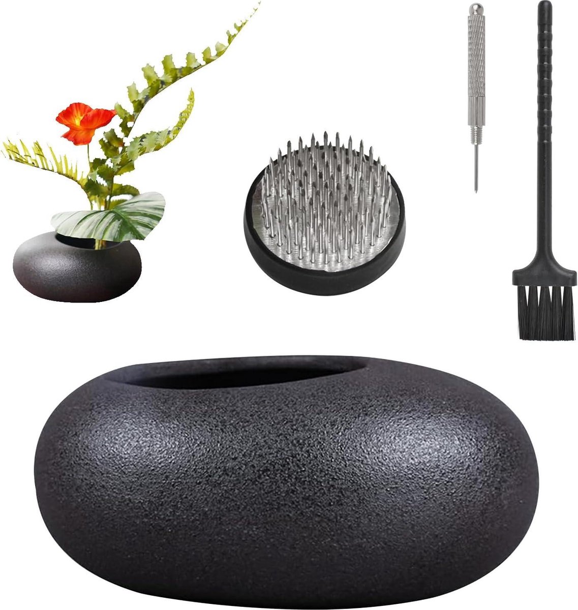 Zwarte Kiezel Keramische Planter Pot Met 4 cm Kenzan - Bloemarrangement Kit - Aardewerk Bloemen Rangschikken Pin Naaldhouder - Huisdecoratie