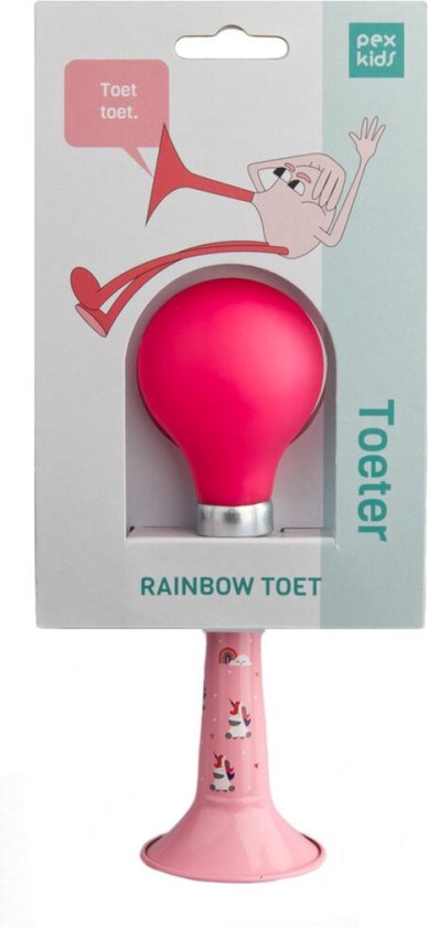 Roze PexKids fietsbel in verpakking met tekening van een poppetje dat toetert. Met de tekst "Toet toet."
