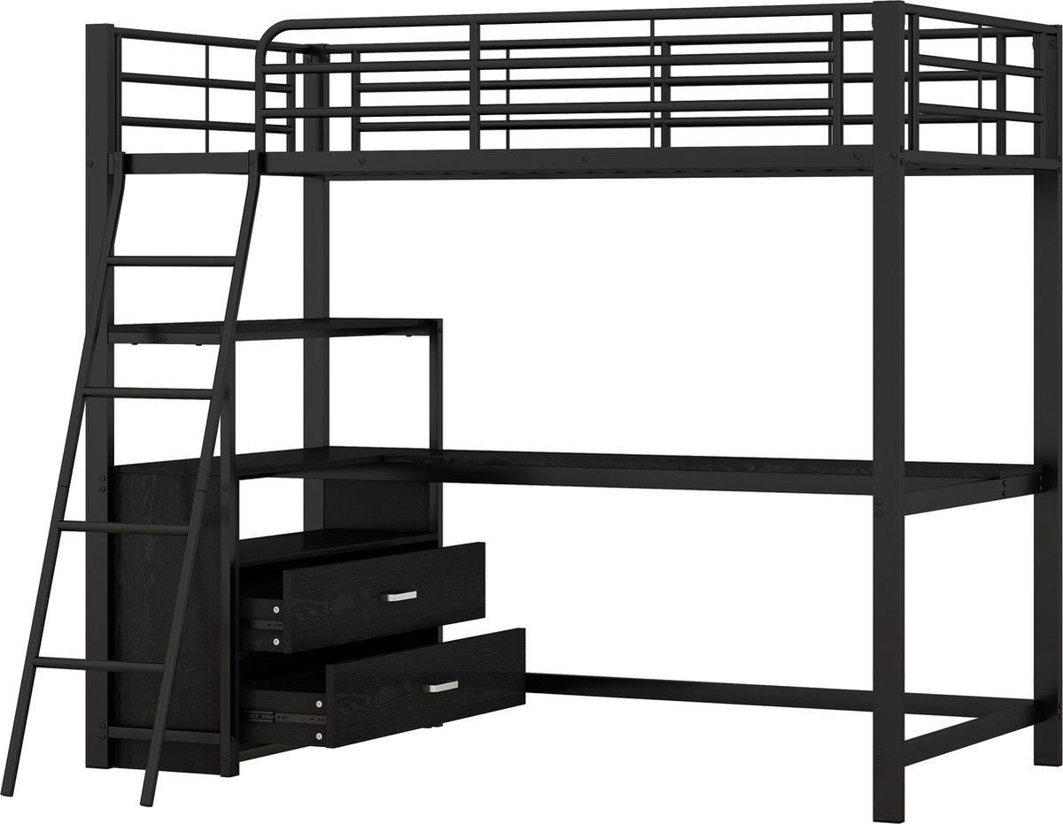Hoogslaper 90 x 200 cm met hoekbureau, 3 lades en legplanken - Metaal spaanplaat - Zwart en