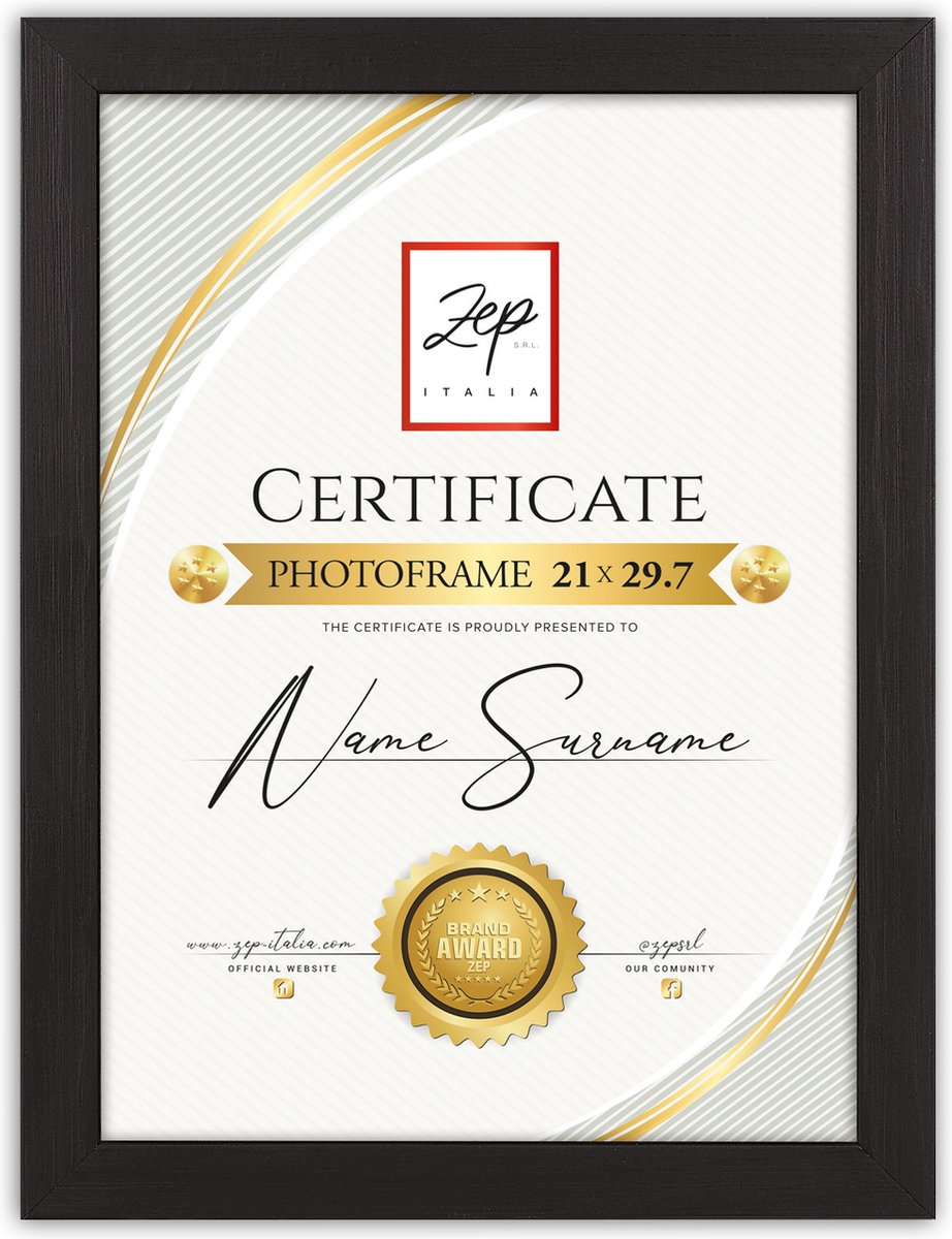 Zep Houten Fotolijst Certificate A4 Zwart voor foto formaat 21x29,7 cm - V4721B