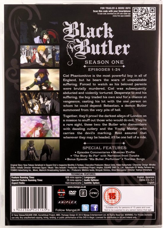 Achterkant van de dvd-hoes van Black Butler Seizoen 1 met een scèneoverzicht, beschrijving en details.