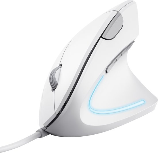 Souris ergonomique Trust Verto blanche avec éclairage LED bleu et molette de pouce grise.
