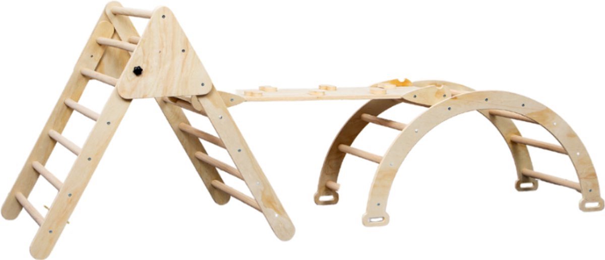 Buxibo XXL Klimrek - Opvouwbare Driehoek + Klimboog met Kussen + Helling met Glijbaan - Montessori Meubels Houten Speelgym - Naturel - 210x83x81cm — afbeelding 8