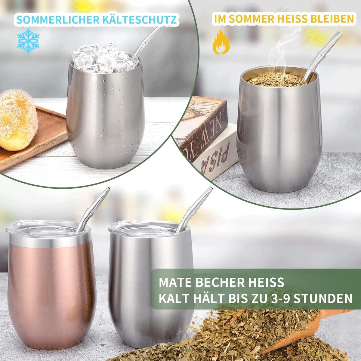 SZKKQKJ Mate Thee-set, Mate Theebekerset, met Mate rietje en een reinigingsborstel, voor Mate thee, zwart