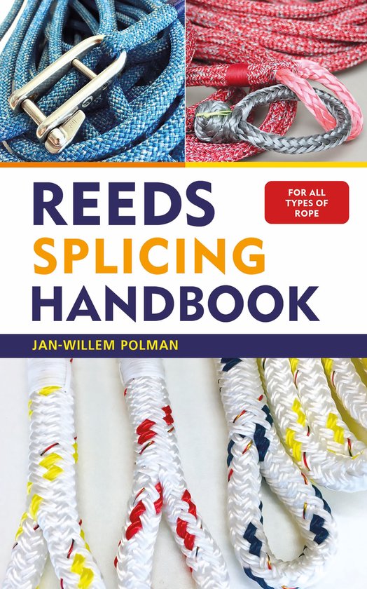 Omslag van het boek 'Reeds Splicing Handbook' met afbeeldingen van touwen in blauw, roze, rood, grijs en wit met gekleurde accenten.