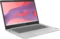 Zilverkleurige Lenovo Chromebook, open in een hoek met scherm aan en toetsenbord zichtbaar. Logo op de voorkant.