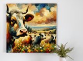 Olieverf koeien schilderij | Levendige boerenschilderij met grazende koeien in prachtige olieverf | Kunst - 60x60 centimeter op Forex | Foto op Forex