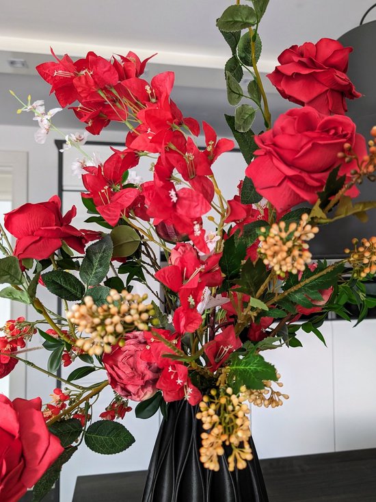 Zijden bloemen boeket - 95cm hoog - Kunstbloemen boeket "Red Velvet" - nep bloemen zijde boeket - Duurzame interieur decoratie - Kunstboeket kant-en-klaar gebonden