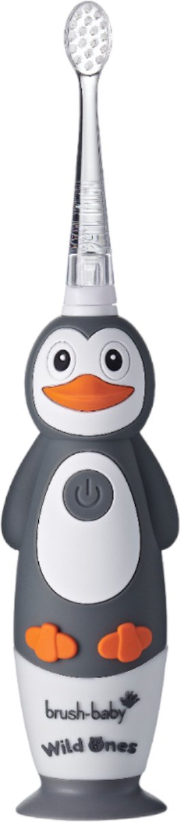 Brush-Baby Electrische Oplaadbare Kindertandenborstel Wildones Percy de Penguin 0-10 Jaar 3 opzetborstels 2 poetsstanden Timer&Pulse Disco licht Zuignapvoet