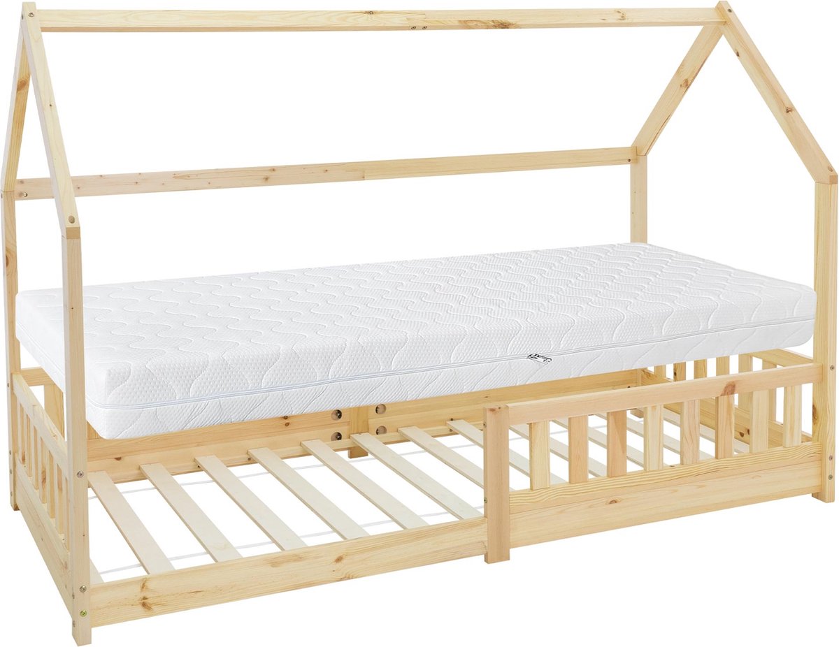 ml-design ML Design huisbed serie kinderbed 90x200cm naturel met dak lattenbodem en koudschuim matras massief grenenhout stabiel houten speelbed voor meisjes en jongens kinderhuis junior bed met valbeveiliging vloerbed in huis design voor kinderkamer