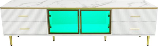 Meuble TV aspect marbre, meuble TV avec 4 pieds, 4 tiroirs structurés avec poignées dorées et deux portes en verre trempé marron, meuble TV moderne pour salon, 170*37*47,5 cm