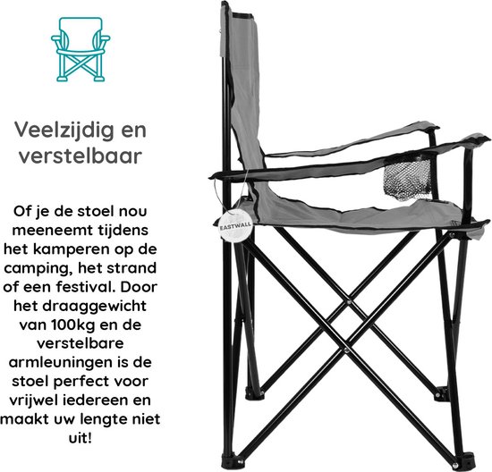 EASTWALL Opvouwbare Kampeerstoel - Visstoel - Multifunctionele vouwstoel - Campingstoel met bekerhouder - Tuinstoel - Klapstoel - Max 100 kg - Grijs van EASTWALL — afbeelding 4