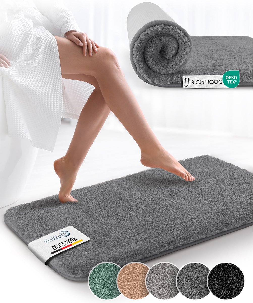 Beautissu BeauMare FL – Badmat Antislip 120x70 cm Antraciet – Hoogpolig Tapijt – Voor Vloe
