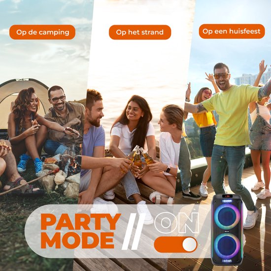 Denver Bluetooth speaker met discolichten in gebruik op feestjes en buiten. Tekst 'PARTY MODE ON'.