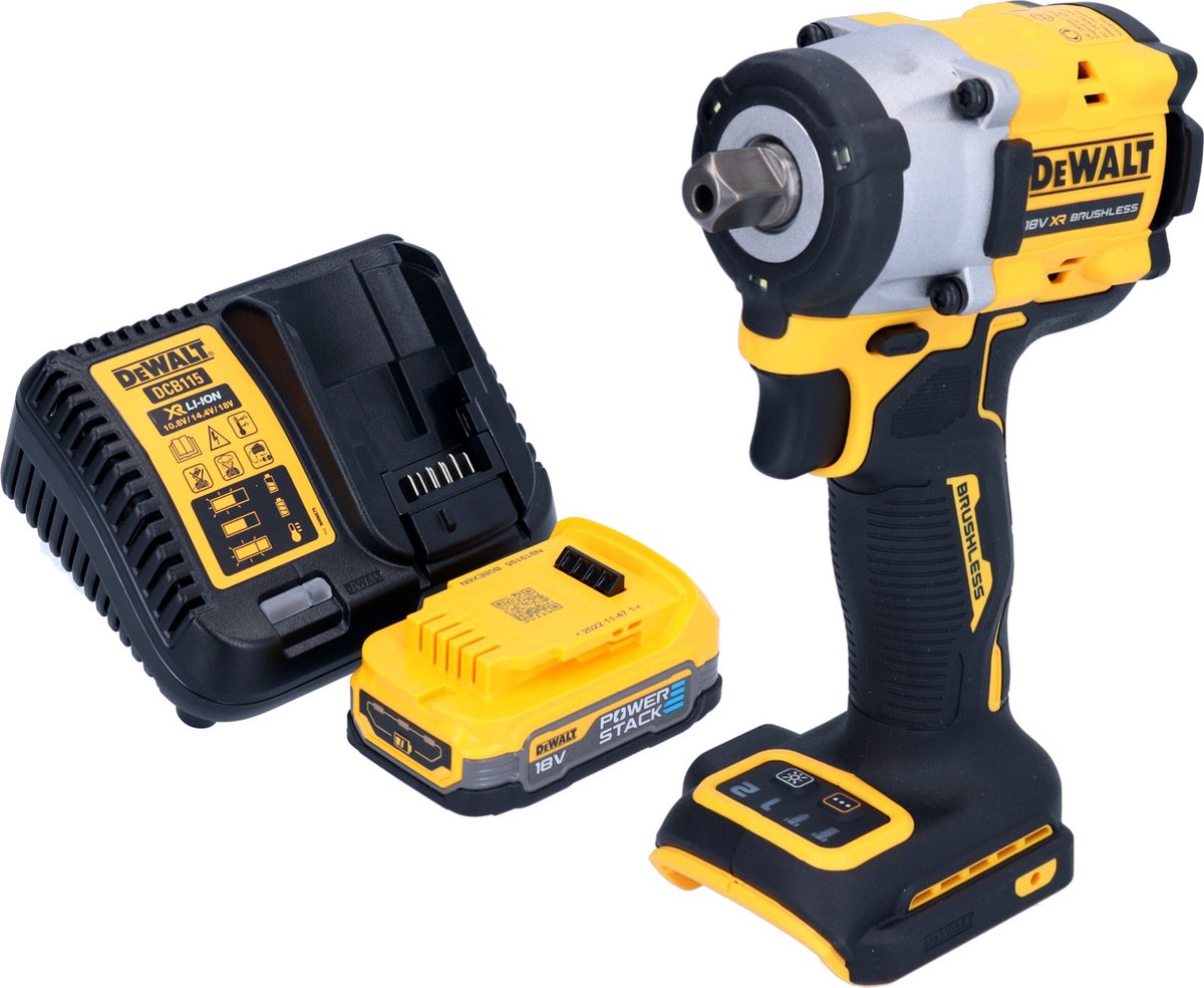 DeWalt DCF 922 E1 accu-slagmoersleutel 18 V 406 Nm 1/2" borstelloos + 1x Powerstack-accu 1,7 Ah + lader