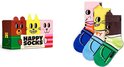 Happy Socks dieren cadeauverpakking naast drie paar sokken: roze kat, gele tijger, bruine beer.