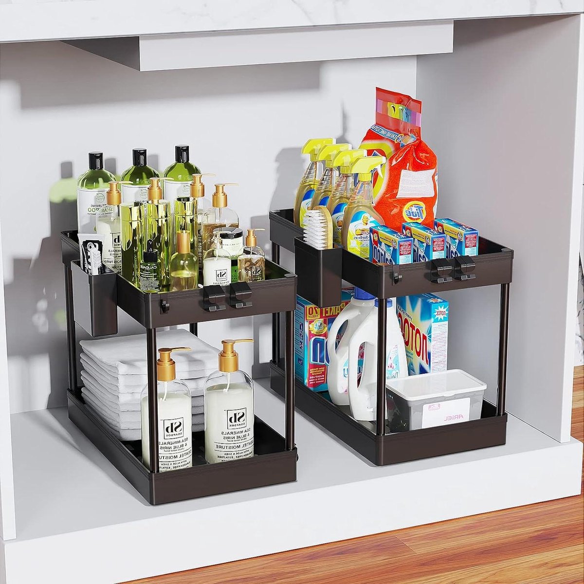 2 onder gootsteen organisatoren opslag keuken organizer onder gootsteen plank manden badkamer haken beker (zwart) Organizer for Sink