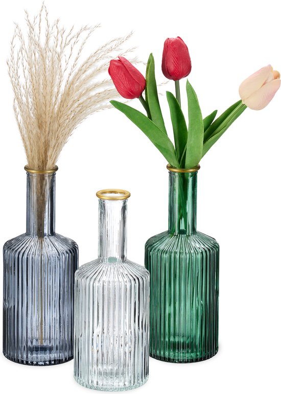 glazen vazen - set van 3 - smalle hals - 20,5 x 8 cm - gegroefd design - vintage