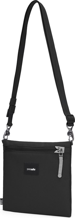 Zwarte Pacsafe crossbody tas met verstelbare schouderband en ritsvak.
