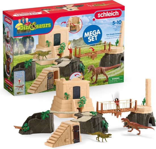 De "Dino Tempel Verovering" speelset in doos, met dinosaurussen, figuren, tempels en een brug.