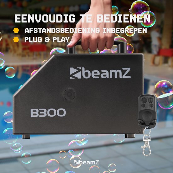 Zwarte BeamZ B300 bellenblaasmachine met afstandsbediening, omringd door bellen. Met tekst "Eenvoudig te bedienen".