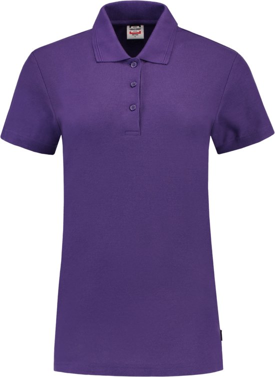 Paarse dames poloshirt met korte mouwen, kraag en knoopjes.