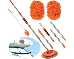 Autoreinigingsborstel 50-160cm - Lange Steel - Chenille Microvezelmop - Krasvrij - Autoreinigingsset - 2 Mopkoppen - Glasreiniger - Auto's Caravans autowasborstel telescopische