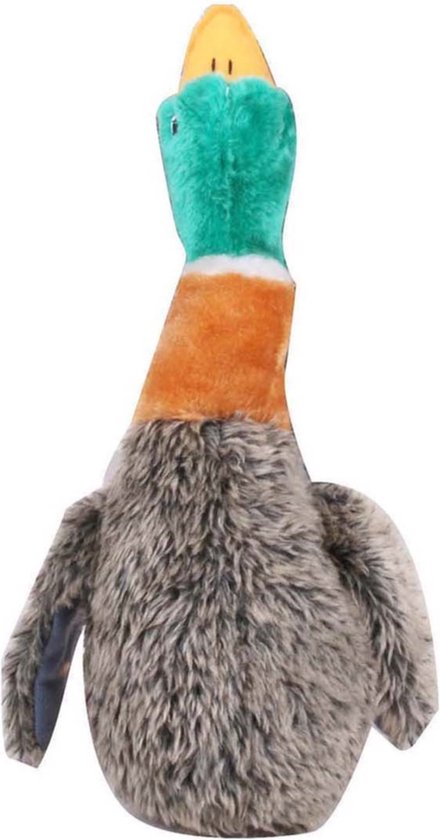 Pluche eend hondenspeeltje met gele snavel, groene kop en bruin, pluizig grijsachtig lijf.