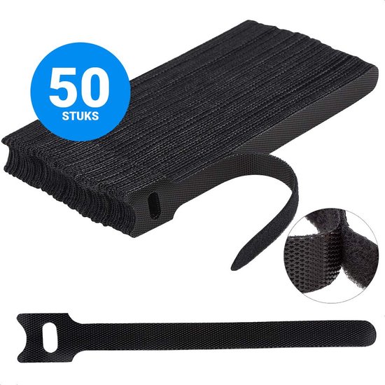 Herbruikbare Kabelbinders Klittenband | 50 Pack | Kabelmanagement | Duurzaam alternatief voor Tie Rips | Hersluitbaar | Kabel oproller | Organizer | Opbergen | 15 Centimeter lang | Totaal 7.5m | Zwart