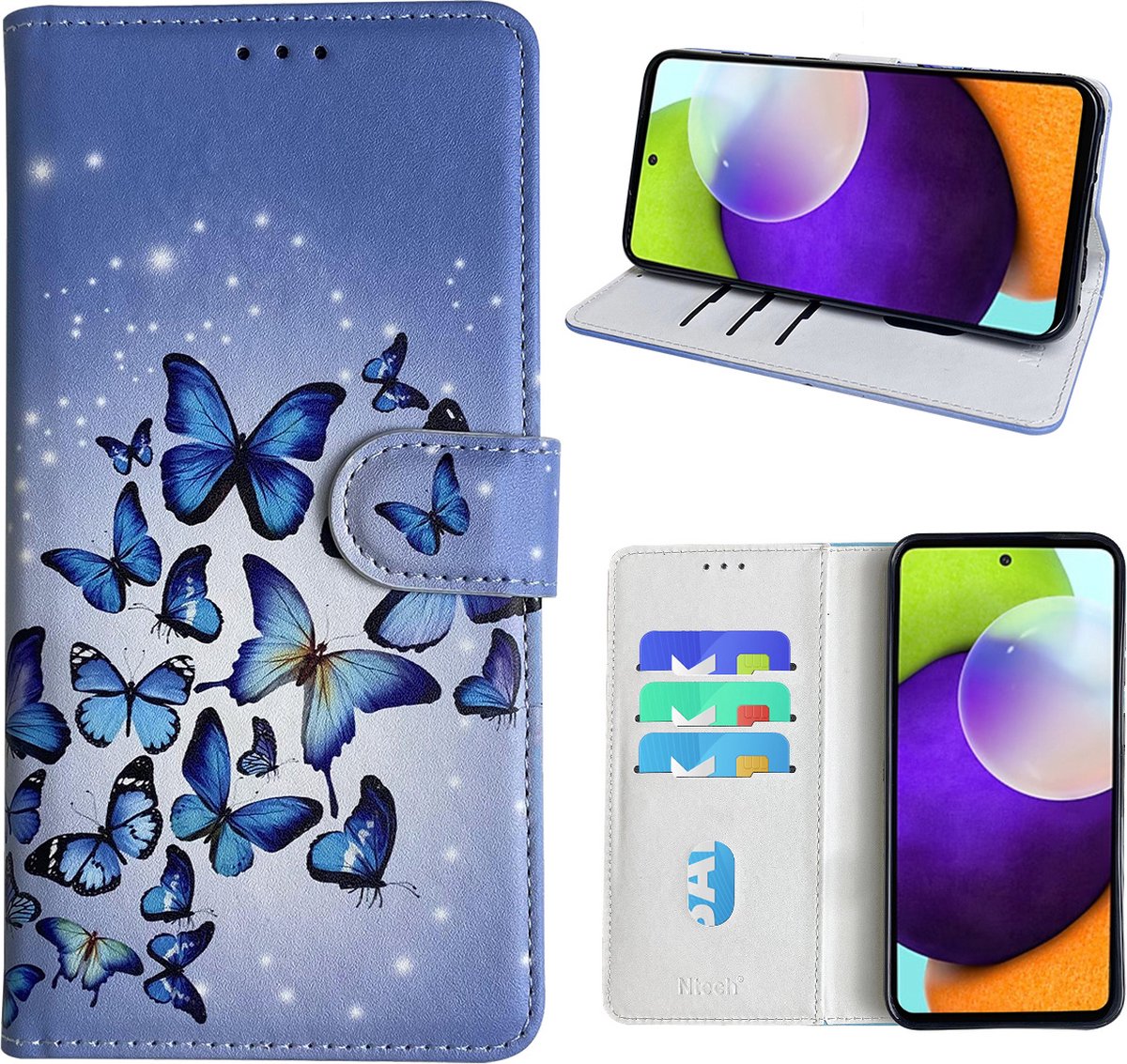 Hoesje geschikt voor Samsung Galaxy A52 Bookcase met Blauw vlinder print