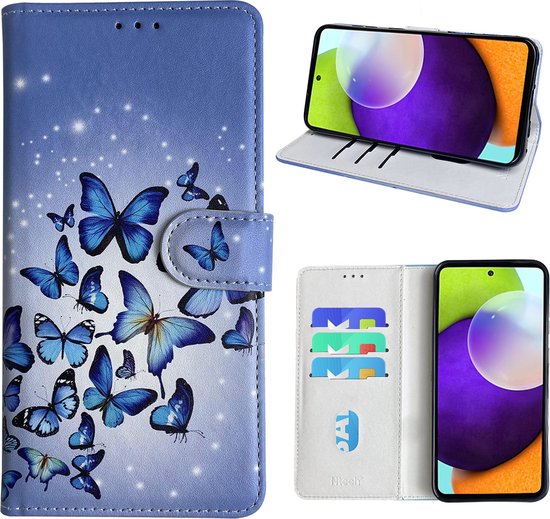 Étui de téléphone bleu clair à imprimé papillon bleu, montrant l'intérieur avec des porte-cartes et un téléphone.