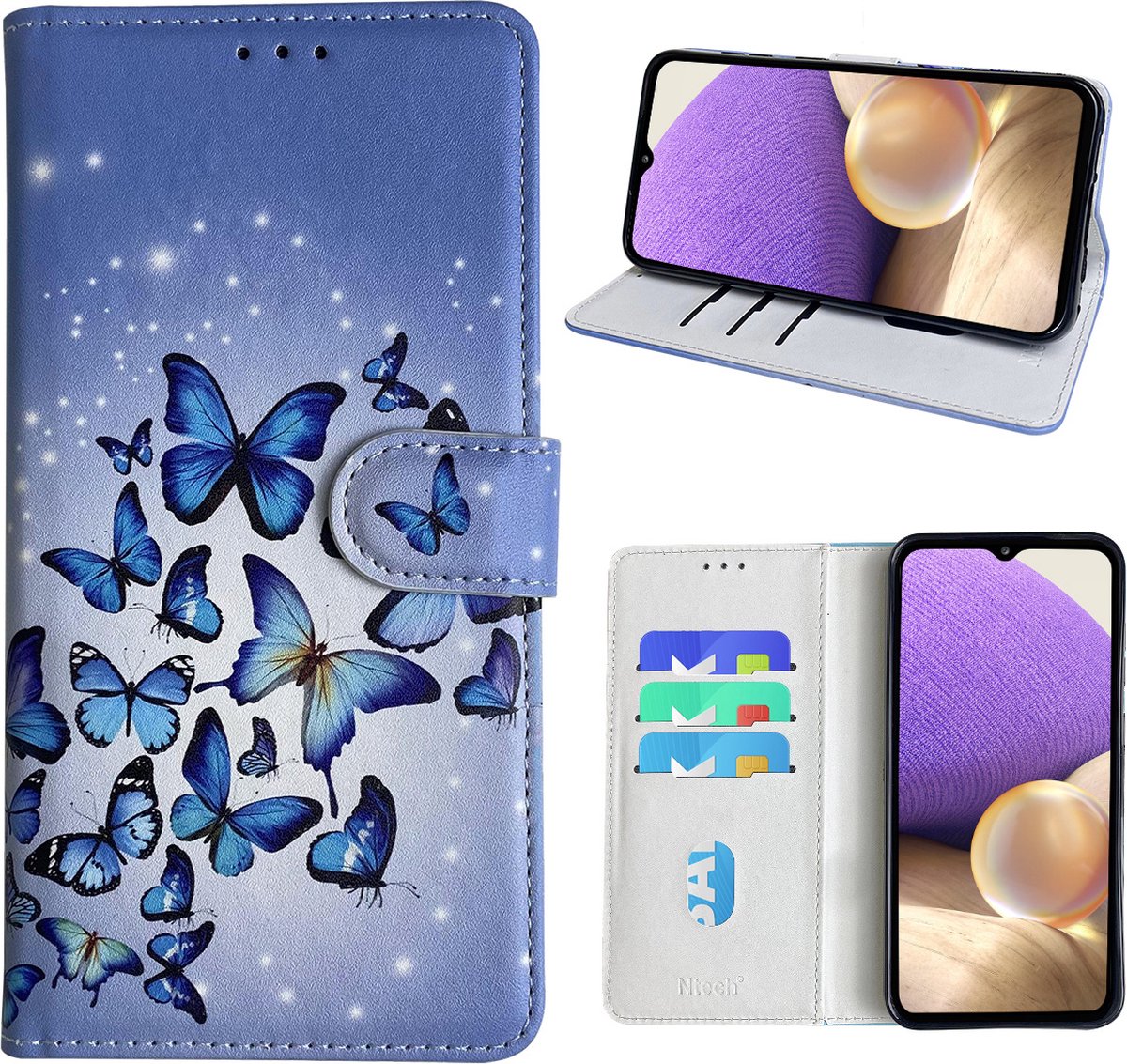 Hoesje geschikt voor Samsung Galaxy A32 5G Bookcase met Blauw vlinder print