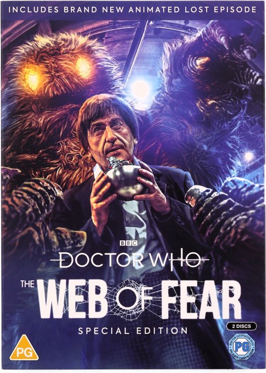 Doctor Who: The Web of Fear Special Edition DVD-hoes. Een man in pak staat omringd door harige wezens. "Includes brand new animated lost episode."