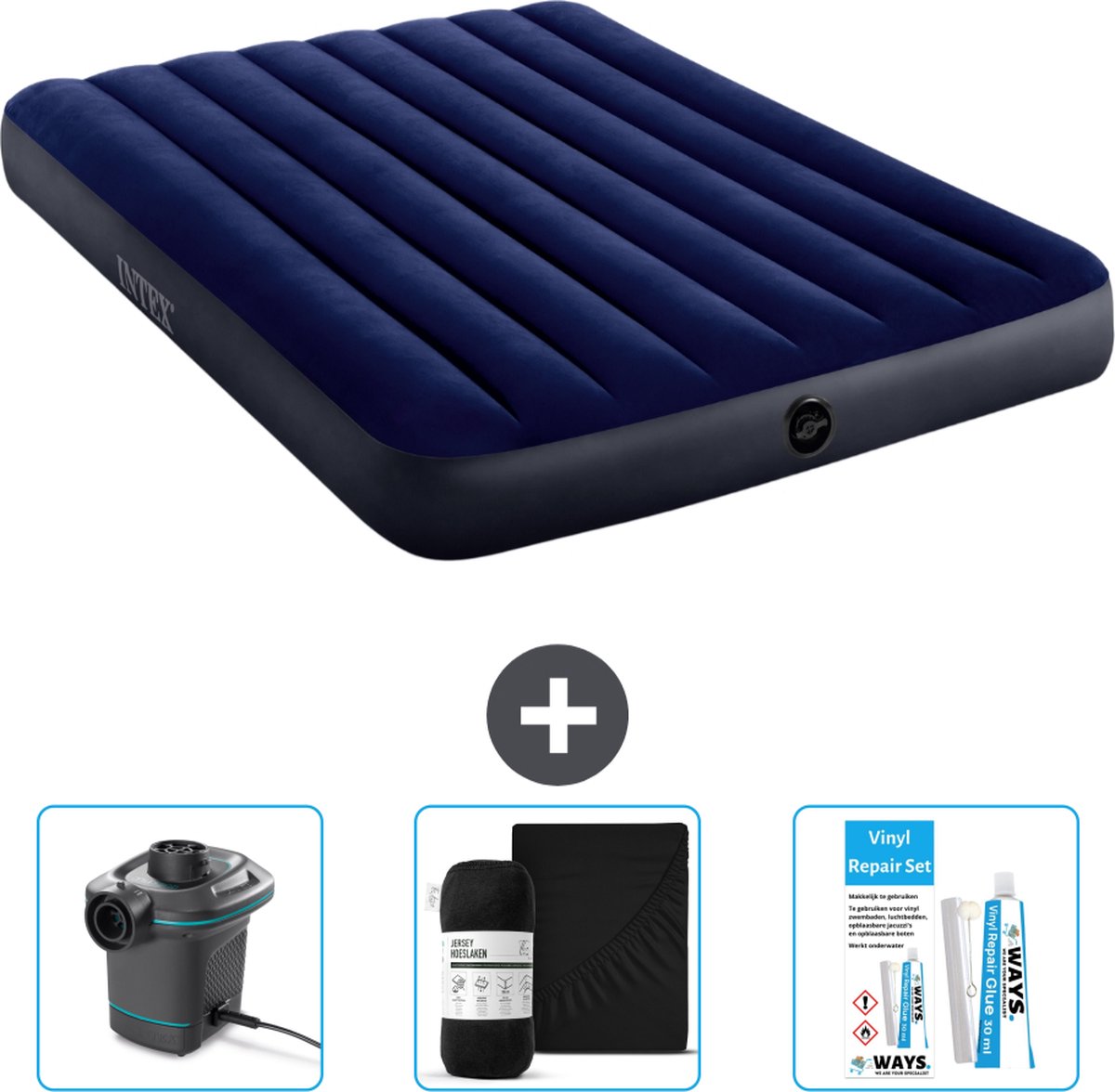 Intex Luchtbedset Intex Luchtbed - Twijfelaar - 137 x 191 x 25 cm - Blauw + Intex Elektrische Pomp - 650 Liter/min + Hoeslaken Zwart + Reparatieset
