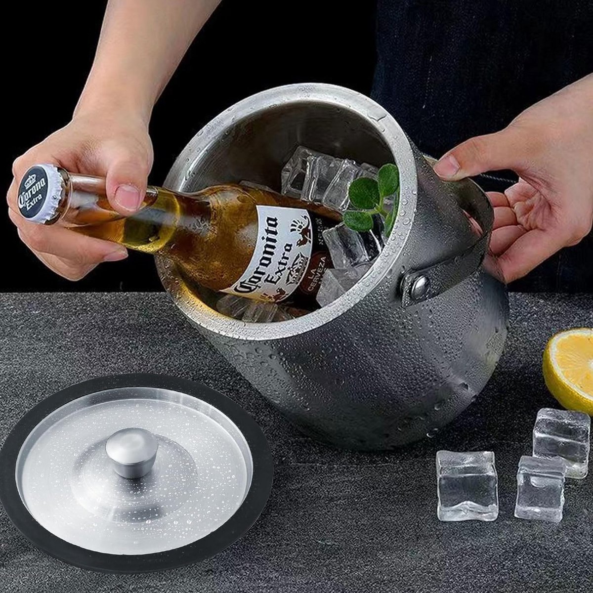 Geïsoleerde Ijsemmer 2.2L Deksel Ijstang Zeef Feest Koeler Ice Cube Tray Met Deksel - Geïsoleerde IJs-emmer - Bier En Champagne Koeler 2 2l Ijs Emmer Voor Wijn Inclusief Zeef En Ijs Tangen