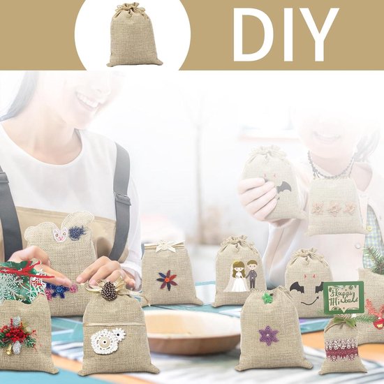 Jute zakjes met trekkoord, kleurrijk, 30 stuks, jute