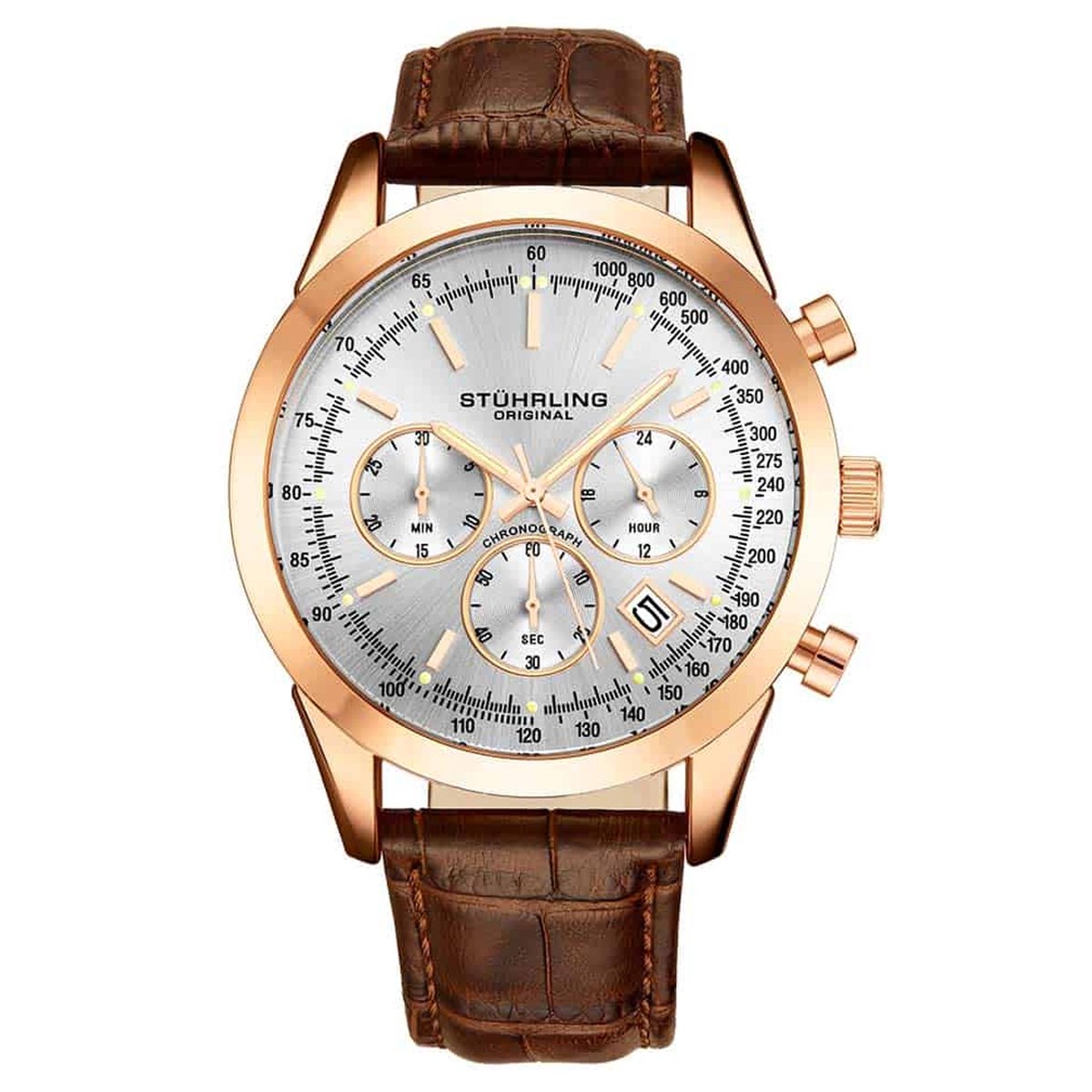 Stührling Rialto 3975L Quartz 44mm Chronograaf Horloge - Horloge Heren - Horloges voor Mannen - Waterdicht 10 ATM - Band van Alligator geprint Leer