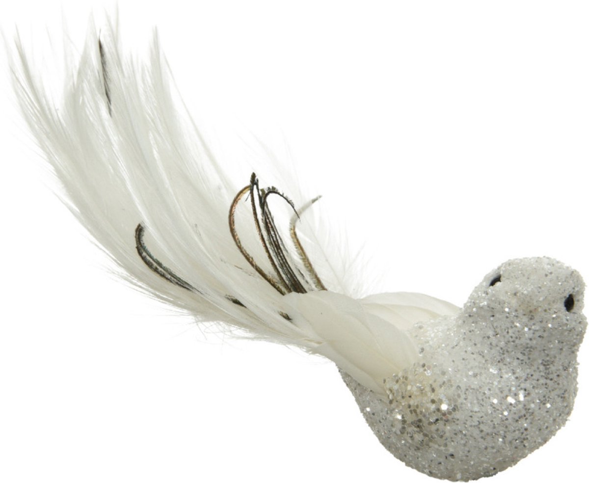 Decoris Kerstboomversiering Vogel - 4x - 17 cm - wit glitter - op clip - ornament