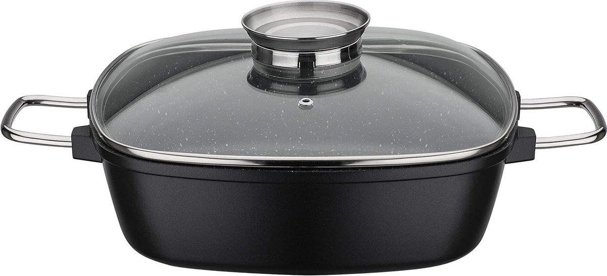 Vierkante Braadpan Gourmet Graniet Aluminium Zwart 28x28x85 cm met Deksel