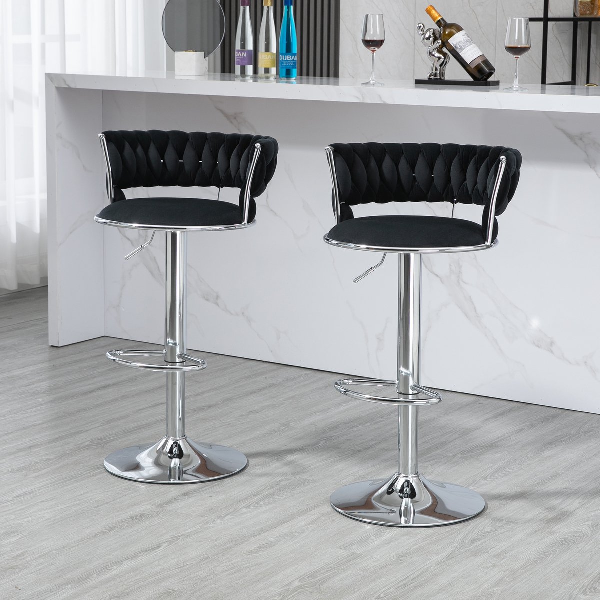 Merax Luxe Barkrukken Set van 2 - Barkruk - Barstoel met Voetensteun en Rugleuning - Zwart met splinter