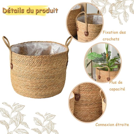KMERCE Grote plantenmand, set van 2, gevlochten van zeegras, plantenbak voor kamerplanten, bloempot, boho, potten met handgrepen, opbergmand, 20 cm en 25 cm diameter