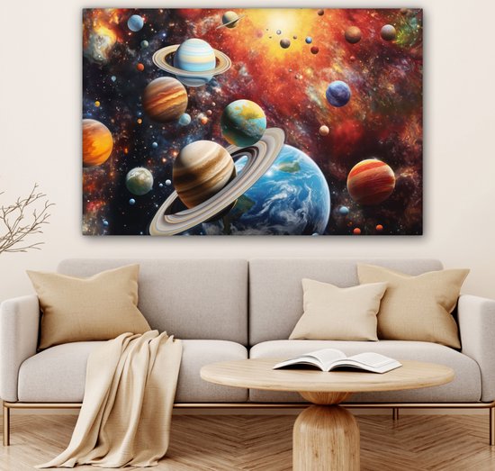 Tableau toile 150x100 cm - Décoration murale Planètes - Univers - Néon - Espace - Décoration murale salle de jeux - Décoration salle de Gaming - Accessoires salle de jeux - Peintures