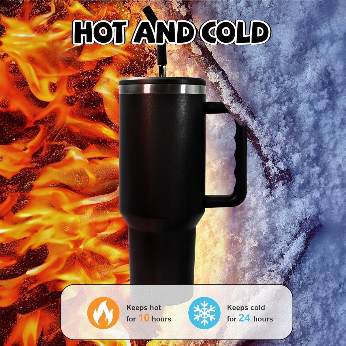 1200 ml thermobeker met rietje, handvat en deksel, dubbelwandige roestvrijstalen vacuüm-isolatiebeker, draagbare drinkbeker, reisbeker, koffiebeker voor auto, kantoor, koffie, water en thee (oranje