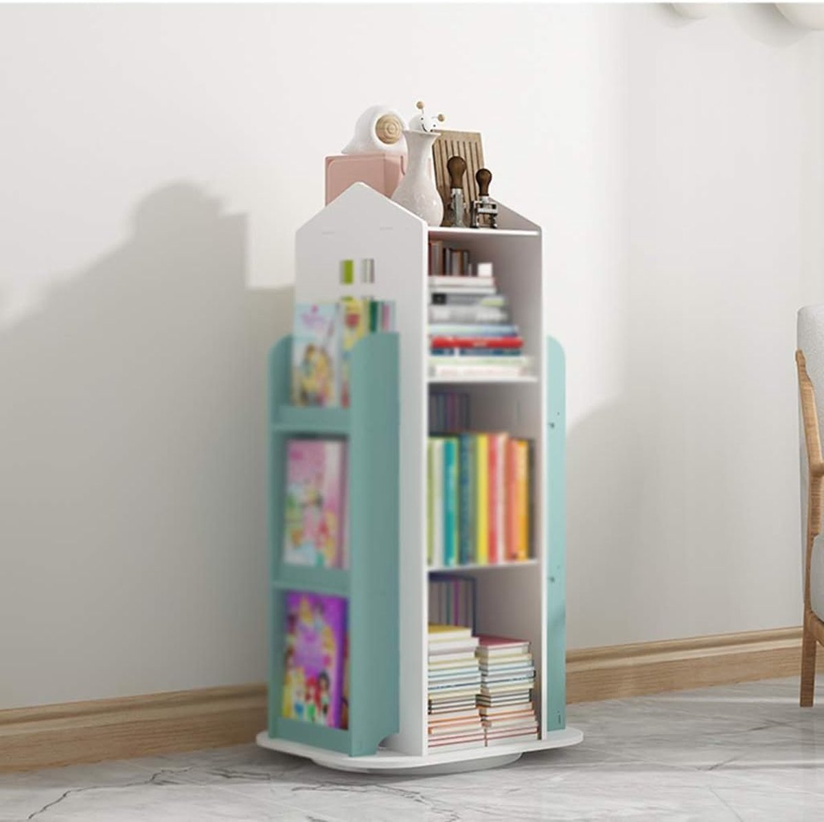 JGS® - Draaibare Kinderboekenkast: Meisjes Boekenkast in Blauw en Wit, Speelgoed Opbergrek voor Kleuterschool, Klein Huisvormig Rek -