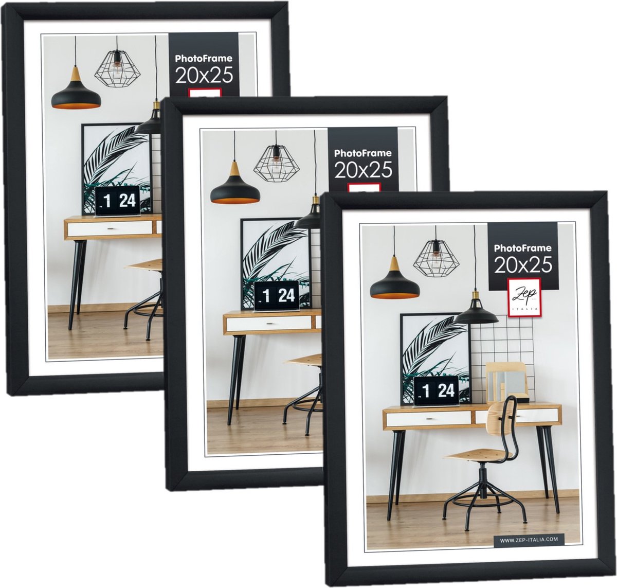 Zep Fotolijst - 3x stuks - zwart - 26 x 21 x 2 cm - kunststof - voor foto van 20 x 25 cm - staand of hangend