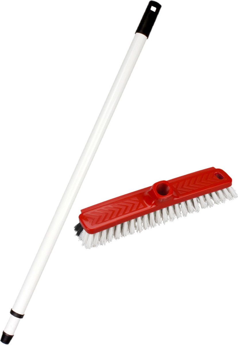 Goedkoopste Kunststof schrobborstel/schrobber met trekker rood inclusief metalen telescoopsteel wit 130 cm - Badkamer schoonmaak borstels