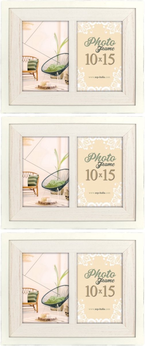Zep 3x stuks fotolijst hout wit 23 x 28 cm geschikt voor twee foto van 10 x 15 cm
