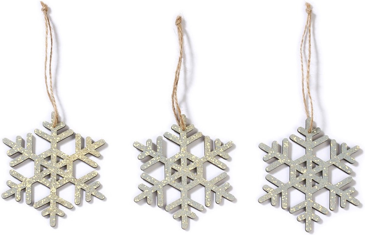 Inge Glas Inge-Glas - sneeuwvlokken kersthangers - 6x stukjs - hout - 7 cm - kerstboom ornamenten - kerstversieringen Zilver
